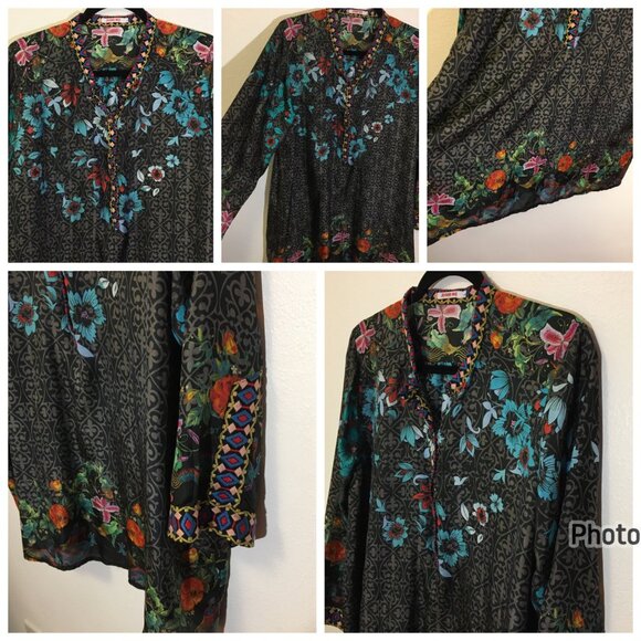 Johnny Was Kennedy Silk Embroidered Tunic Top Blouse Dragons Floral Artsy (IB) - Picture 4 of 16